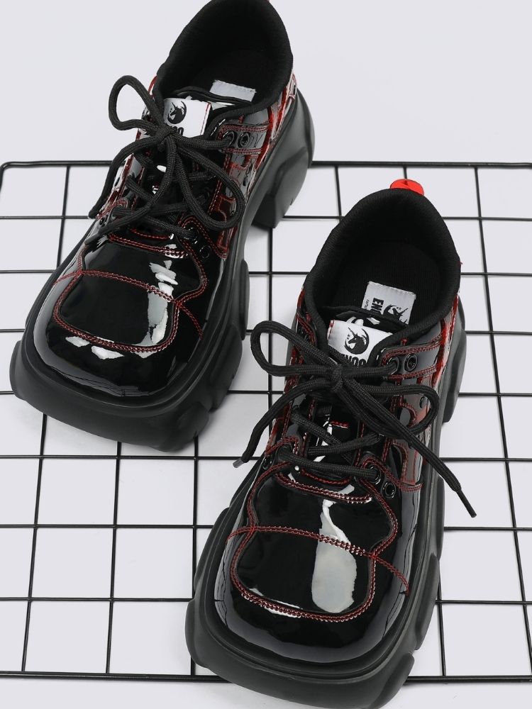 Stitch Square Toe Lace Up Platform Leather Shoes【s0000002308】