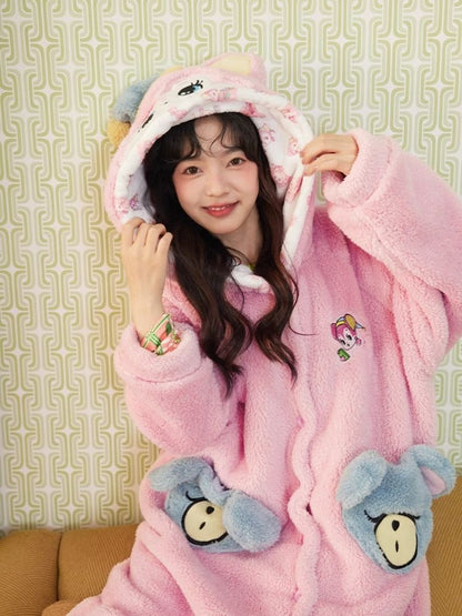 Pink bear coral velvet padded thickened long pajamas【s0000004897】