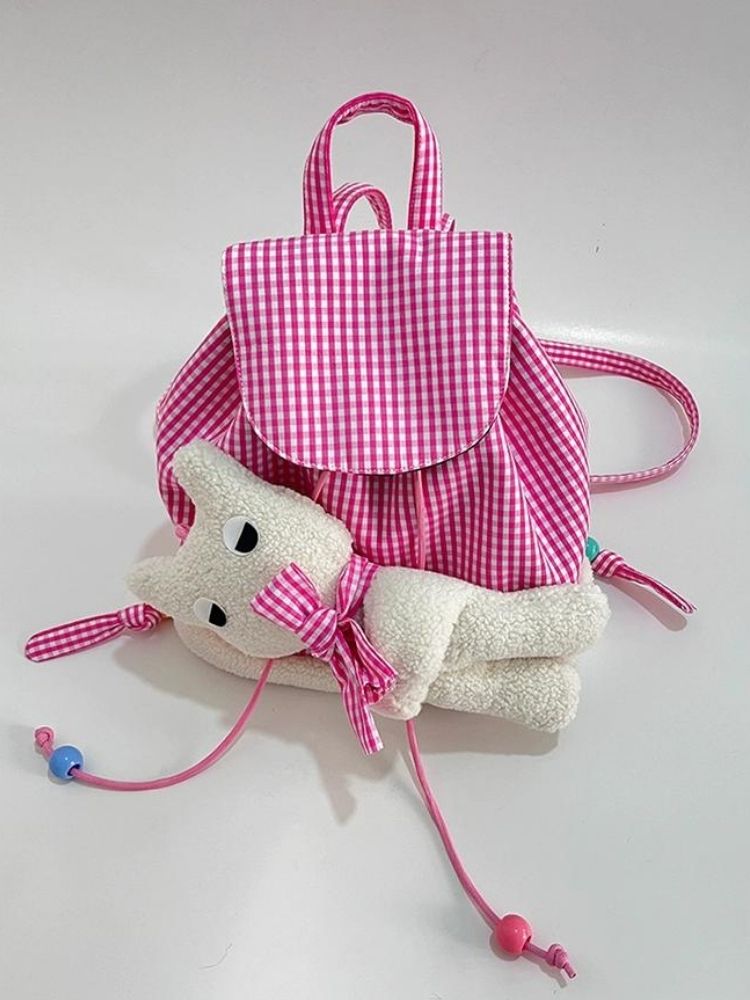 Rabbit Pink Plaid Drawstring Shoulder Bag【s0000005206】