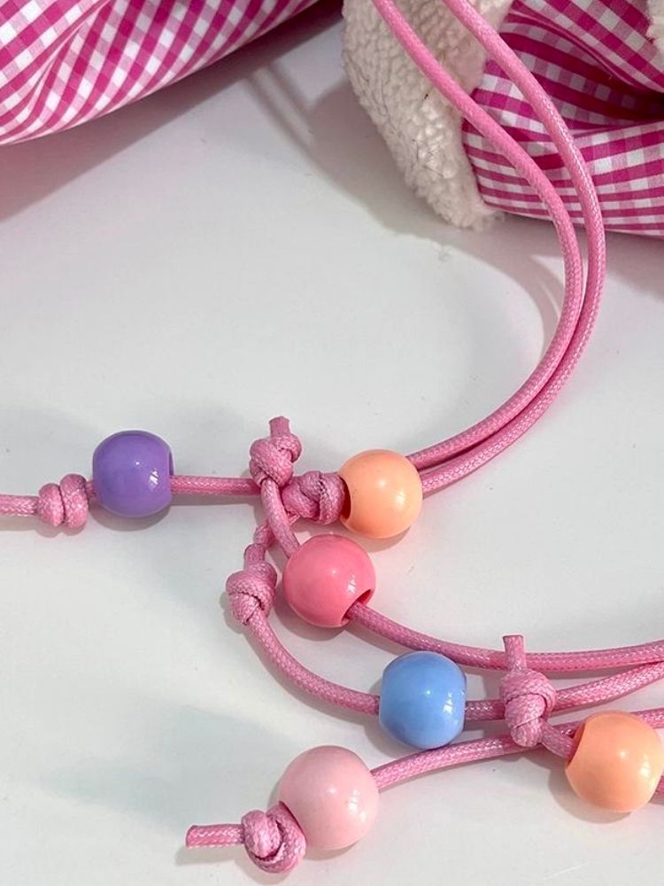 Rabbit Pink Plaid Drawstring Shoulder Bag【s0000005206】