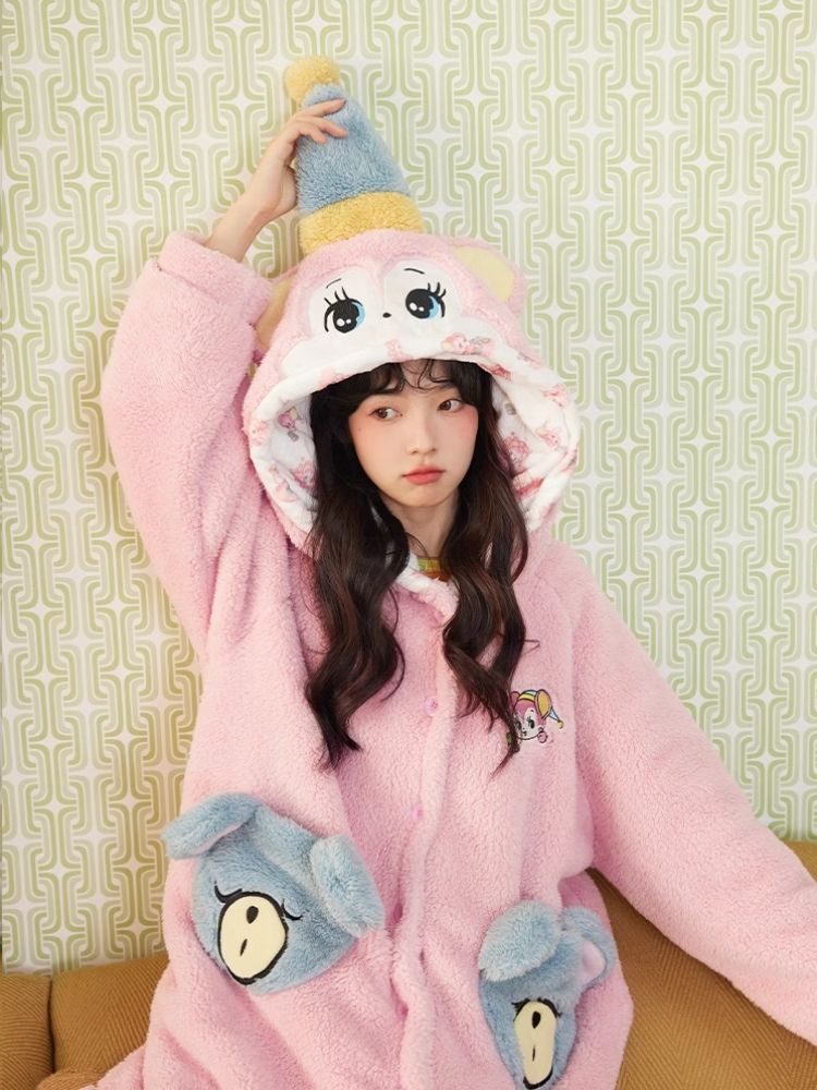 Pink bear coral velvet padded thickened long pajamas【s0000004897】