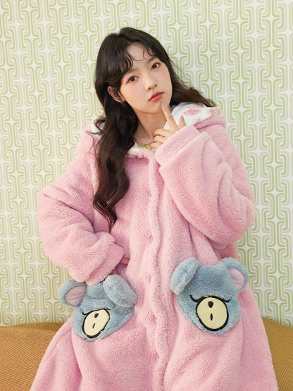 Pink bear coral velvet padded thickened long pajamas【s0000004897】