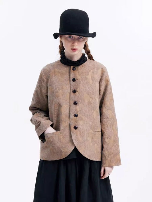 Dark jacquard multi-button collarless blazer【s0000007961】