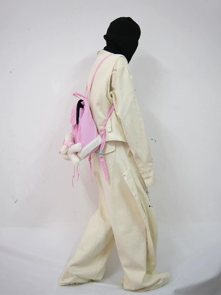 Rabbit Pink Plaid Drawstring Shoulder Bag【s0000005206】