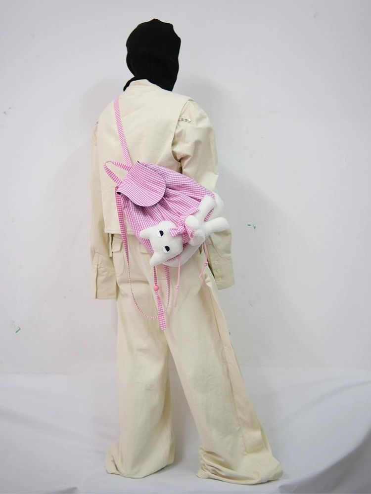 Rabbit Pink Plaid Drawstring Shoulder Bag【s0000005206】