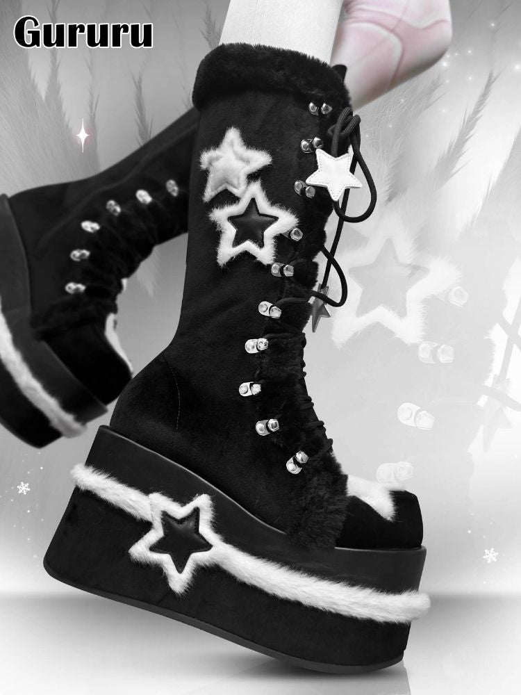 Y2K Subculture Star Plush Mid Calf Boots [s0000005224]