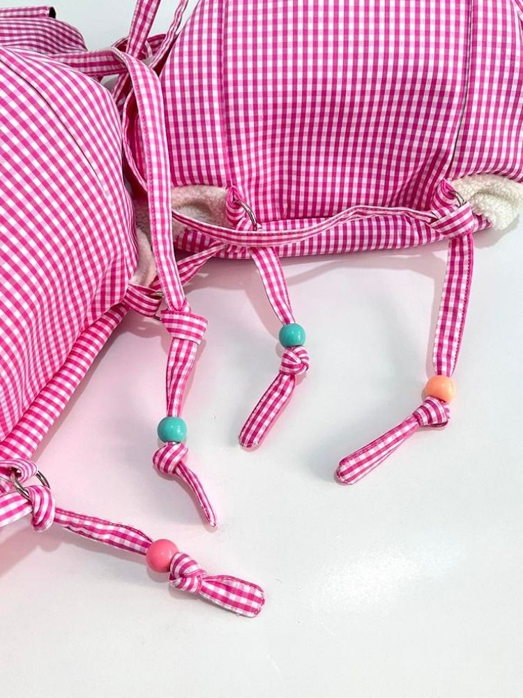 Rabbit Pink Plaid Drawstring Shoulder Bag【s0000005206】