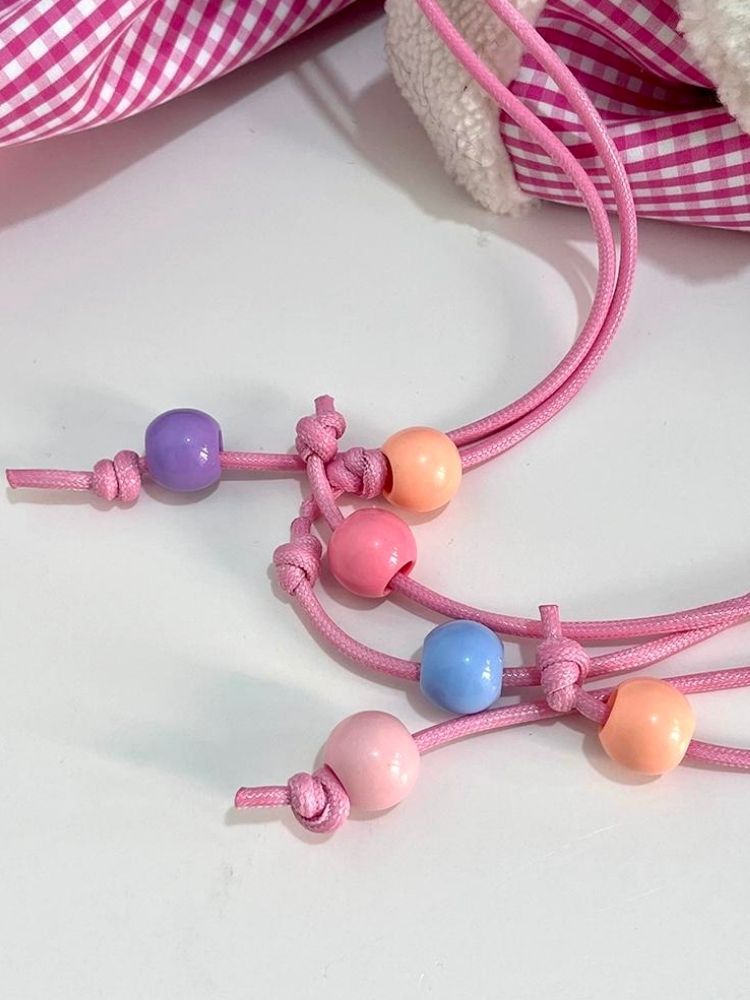 Rabbit Pink Plaid Drawstring Shoulder Bag【s0000005206】