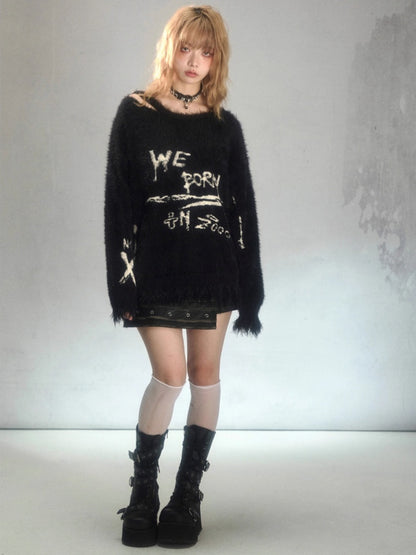 Punk Graffiti Jacquard Mink Lazy Pullover Sweater Black [s0000003881]