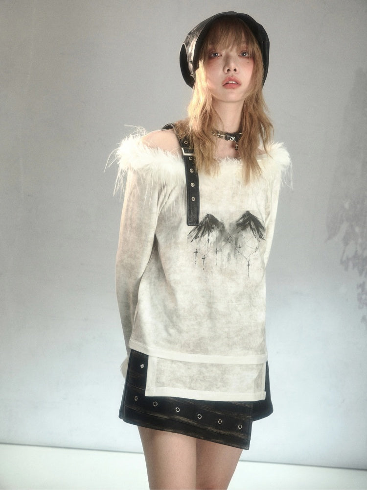 Punk Fur Suspender Belt Off Shoulder Feather Print T-Shirt [s0000003877]