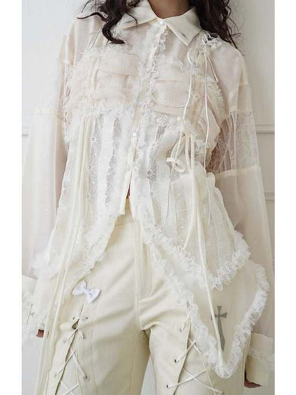 Lace-Up Crosses Embroidery Chiffon Lace Trim Shirt [s0000008151]