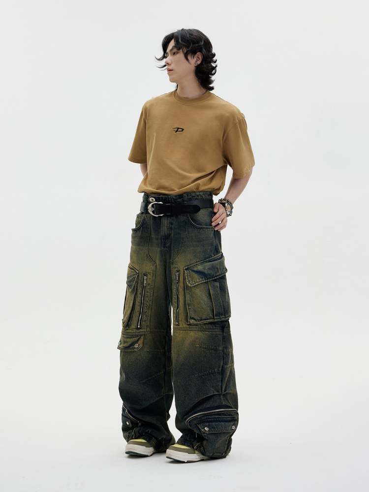 Multi Pocket Wide Leg Washed Denim Jeans【s0000006749】