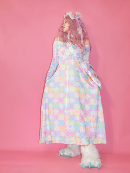 Flower Chess Board Print Long Dress【s0000003569】