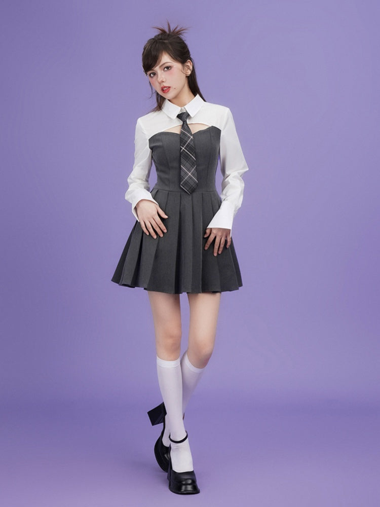 College Style Faux Two Piece Shirt Dress &amp; Tie【s0000003846】