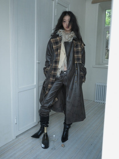 Plaid Splicing PU Leather Double Breasted Long Jacket【s0000004160】