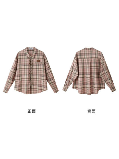 Casual Lace-Up Strap Retro Plaid Loose Shirt【s0000003198】