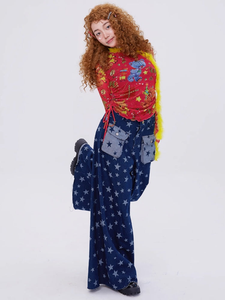 Retro Cute Y2K Star Pattern Wide Leg Loose Mop Jeans Pants [s0000003179]