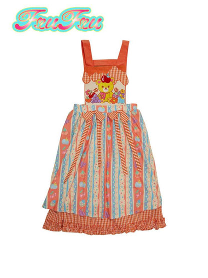 Cartoon Bear Plaid Splicing Embroidered Apron Dress【s0000006670】