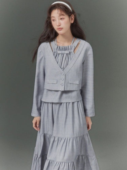 V-Neck Short Cardigan / Double Strap Tops / Pleated Cake Skirt【s0000003403】