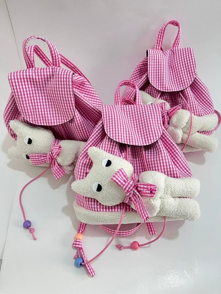 Rabbit Pink Plaid Drawstring Shoulder Bag【s0000005206】