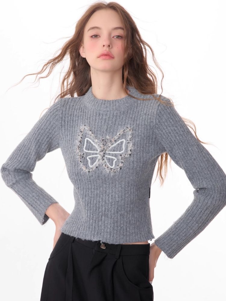 Butterfly Embroidery Long Sleeve Sweater【s0000006143】