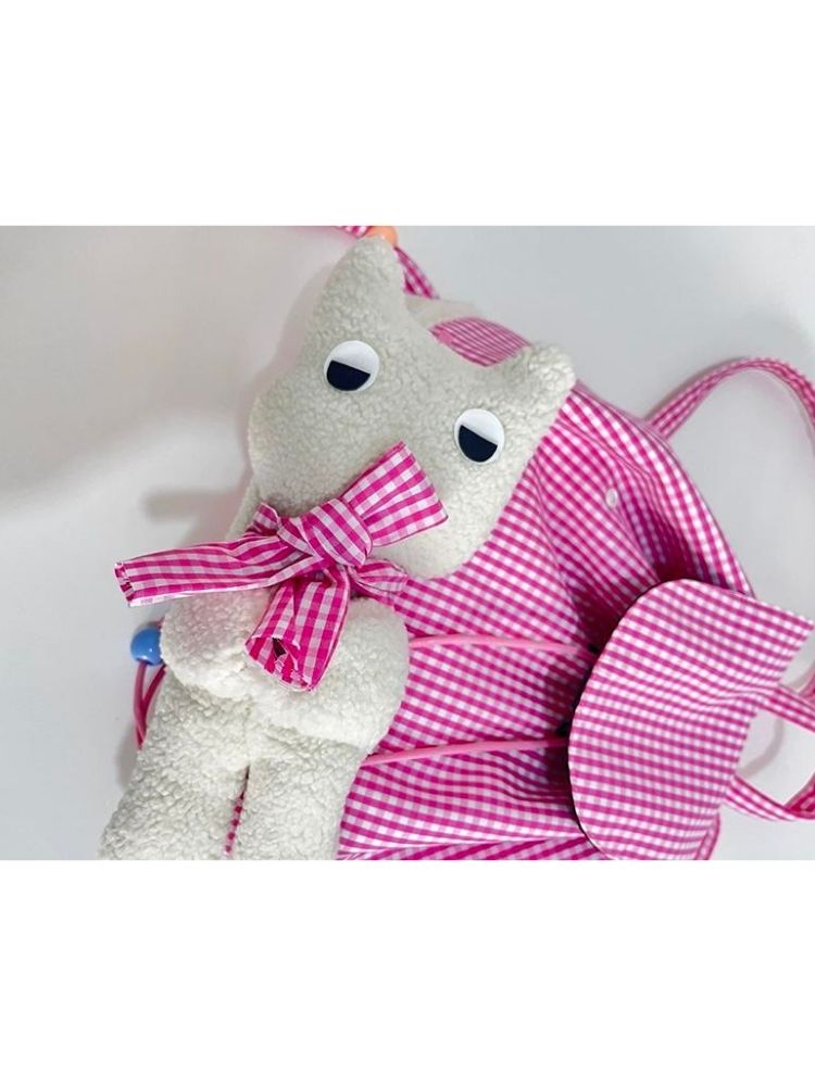 Rabbit Pink Plaid Drawstring Shoulder Bag【s0000005206】