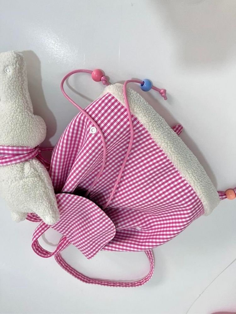 Rabbit Pink Plaid Drawstring Shoulder Bag【s0000005206】