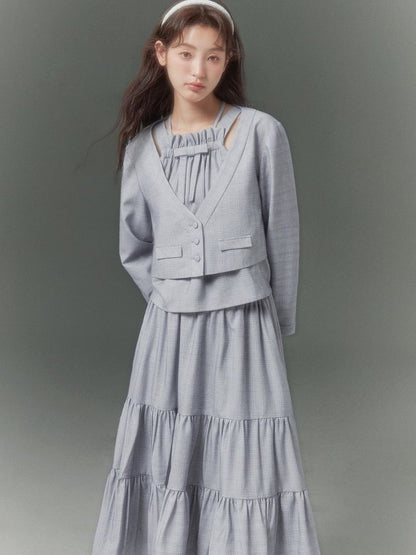 V-Neck Short Cardigan / Double Strap Tops / Pleated Cake Skirt【s0000003403】