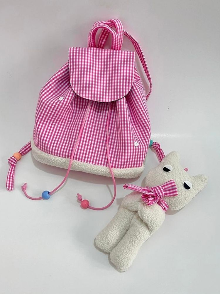Rabbit Pink Plaid Drawstring Shoulder Bag【s0000005206】