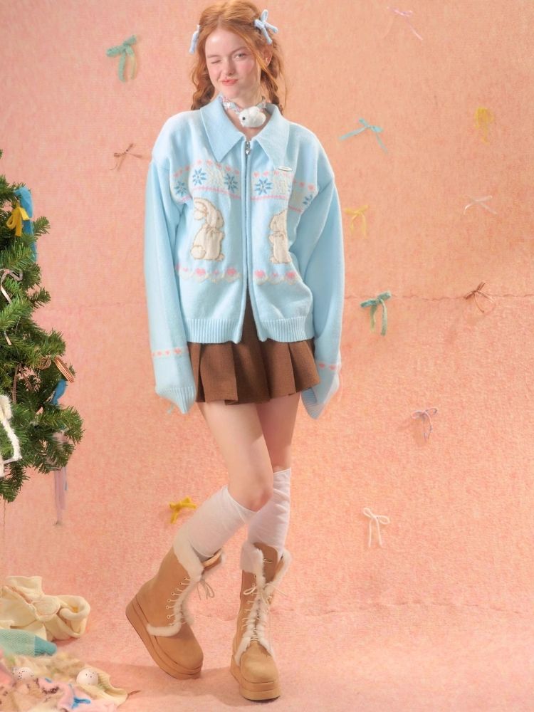 Rabbit Fair Isle polo neck zipper sweater【s0000006167】