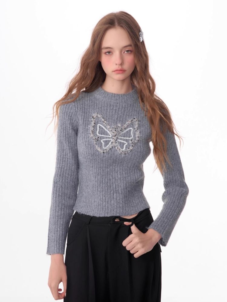 Butterfly Embroidery Long Sleeve Sweater【s0000006143】