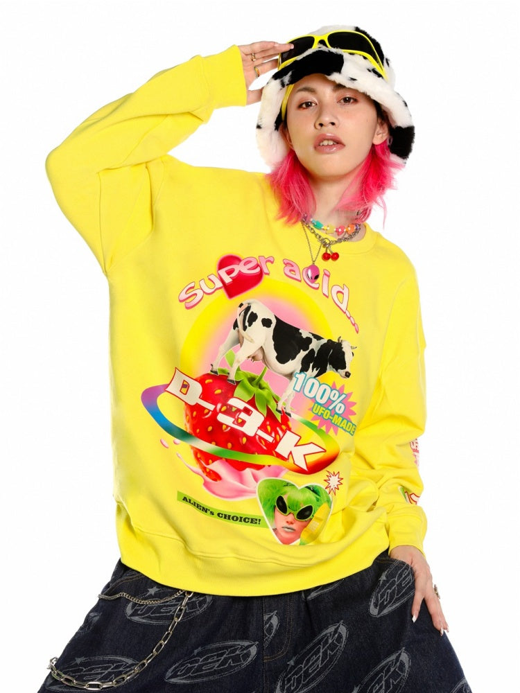 Y2K American Retro Super Acid Milk Print Loose Sweat & Cow Hat【s0000003887】