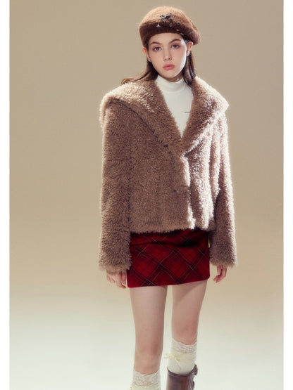 Sailor Collar Boa Coat &amp; Plaid Tight Mini Skirt【s0000004359】