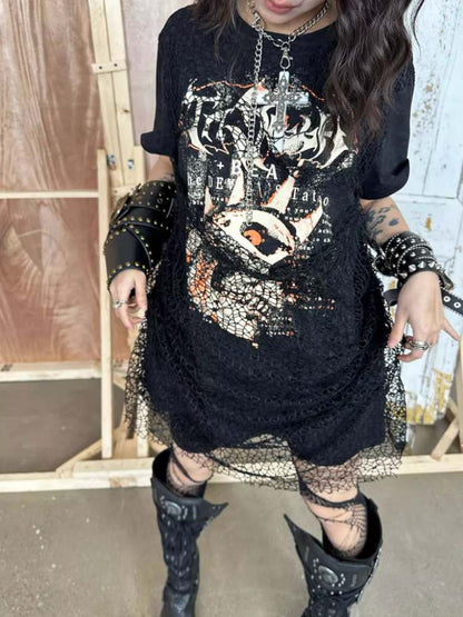 Batik Skull Print Fake Two Piece Mesh Punk Tee【s0000008302】