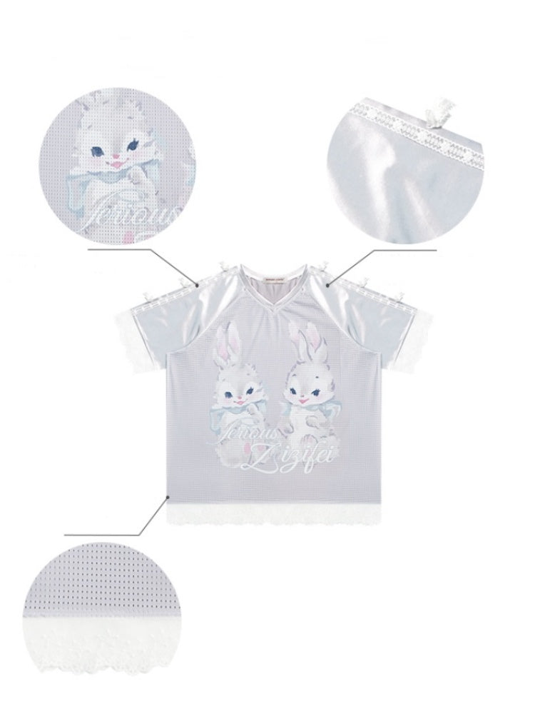 Lace Hem Rabbit Print V-Neck Loose Short Sleeve T-Shirt【s0000013010】