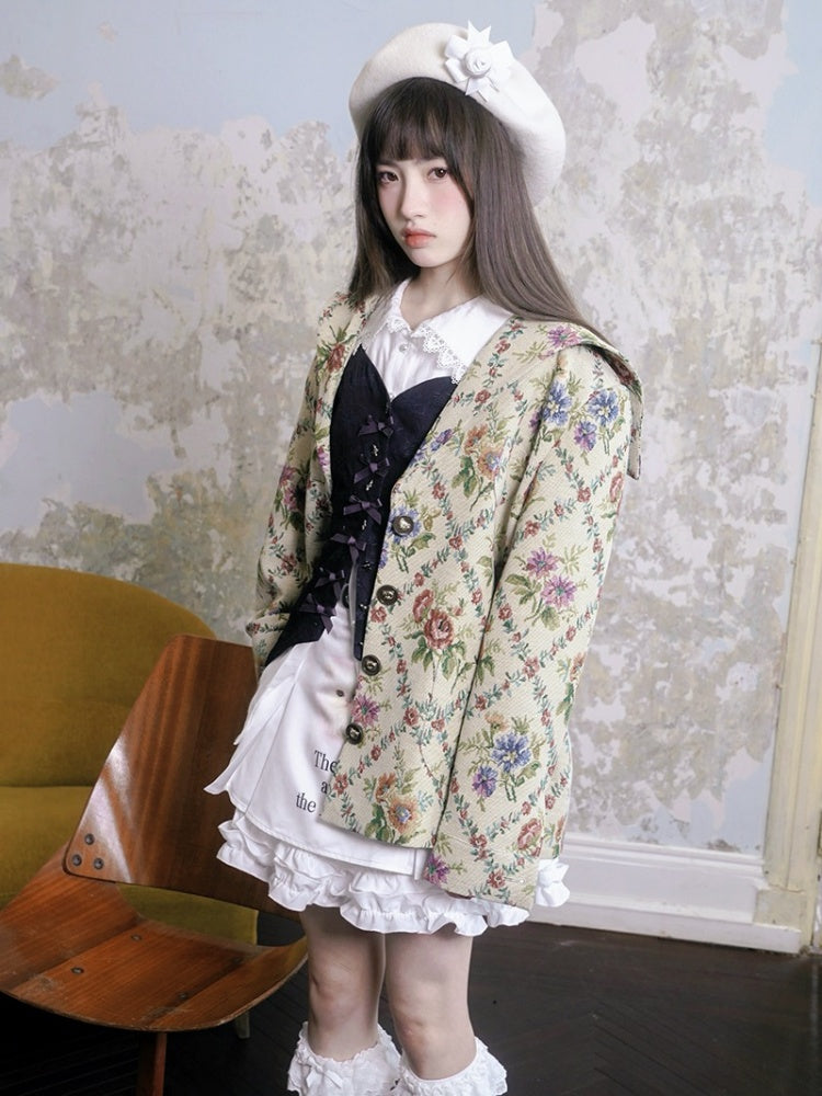 Cat / Angel Print Heart Ribbon Lace Jacquard Sailor Collar Jacket【s0000003814】