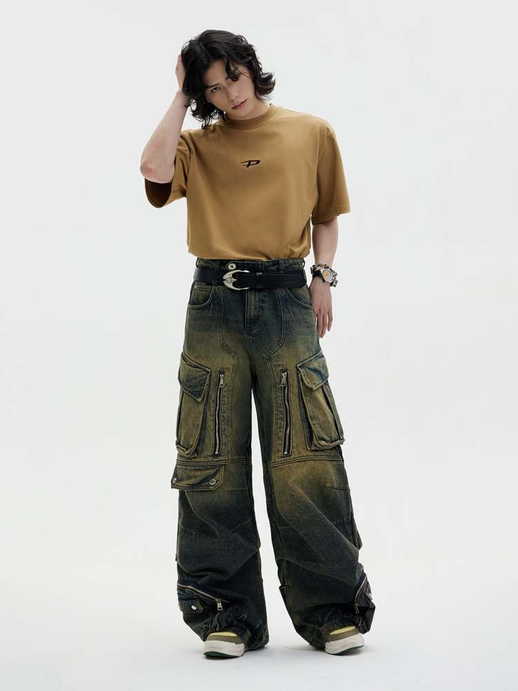 Multi Pocket Wide Leg Washed Denim Jeans【s0000006749】