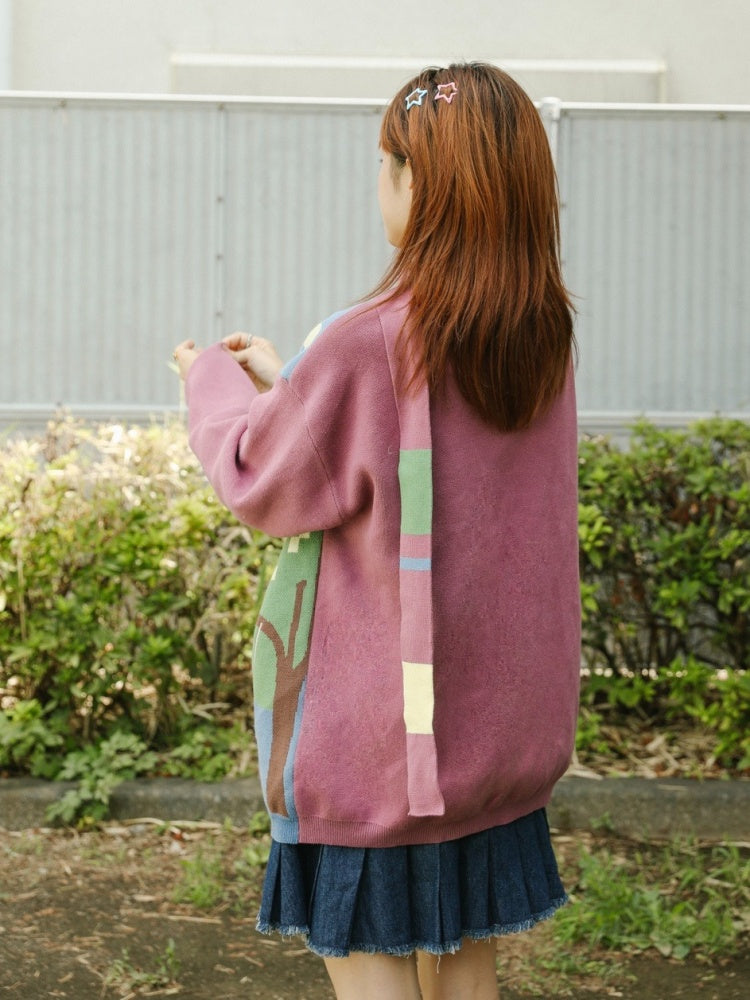 Retro Girl Illustration Stitch Cardigan &amp; Striped Scarf【s0000003564】