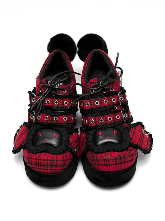 Y2K Black Rabbit Plaid Platform Shoes【s0000008557】