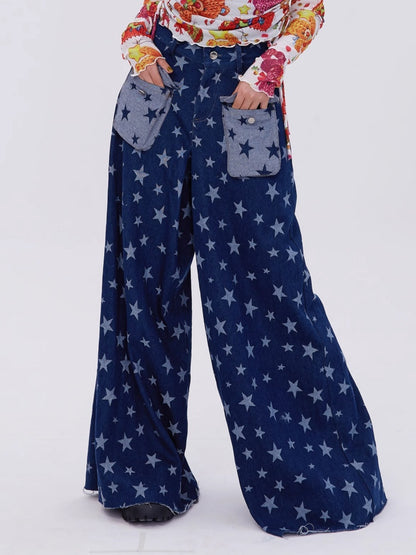 Retro Cute Y2K Star Pattern Wide Leg Loose Mop Jeans Pants [s0000003179]