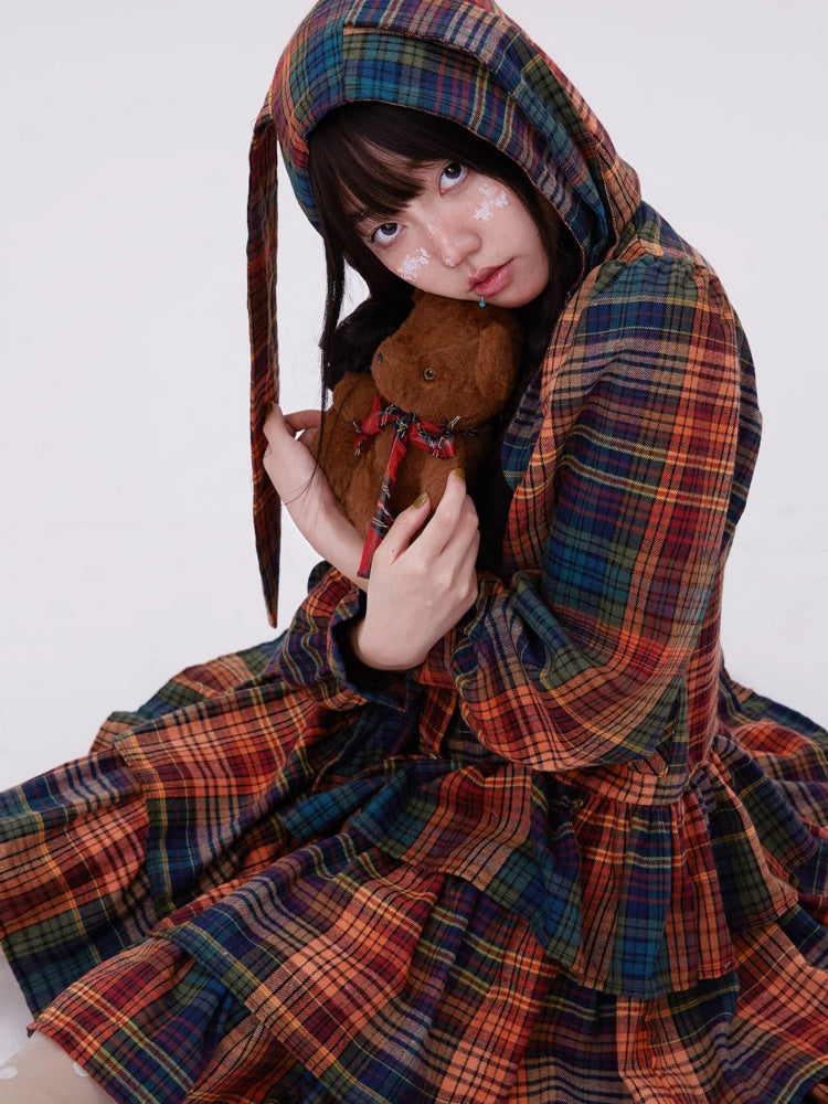 Retro Cute Fluffy Cake Rabbit Ear Plaid Dress【s0000003184】