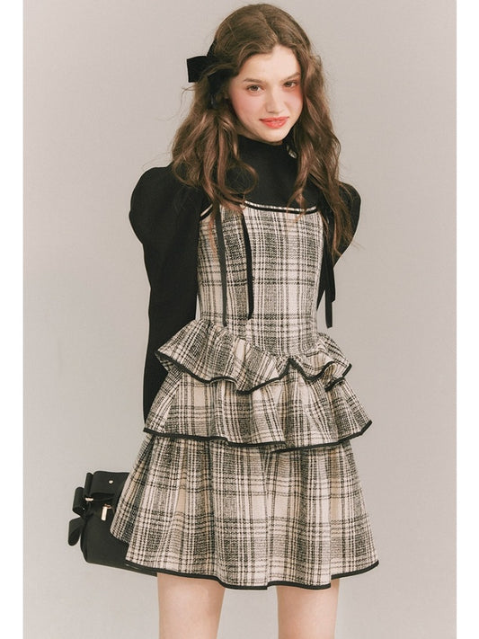 Plaid Cake Skirt Faux Two Piece Dress【s0000003859】