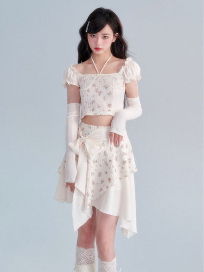 Retro Cream Floral Top / Bow Knot Skirt Set [s0000002006]