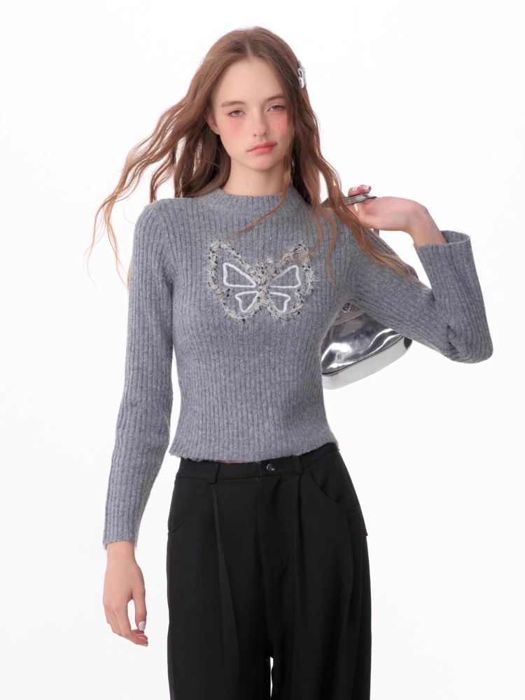 Butterfly Embroidery Long Sleeve Sweater【s0000006143】
