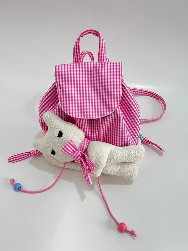 Rabbit Pink Plaid Drawstring Shoulder Bag【s0000005206】