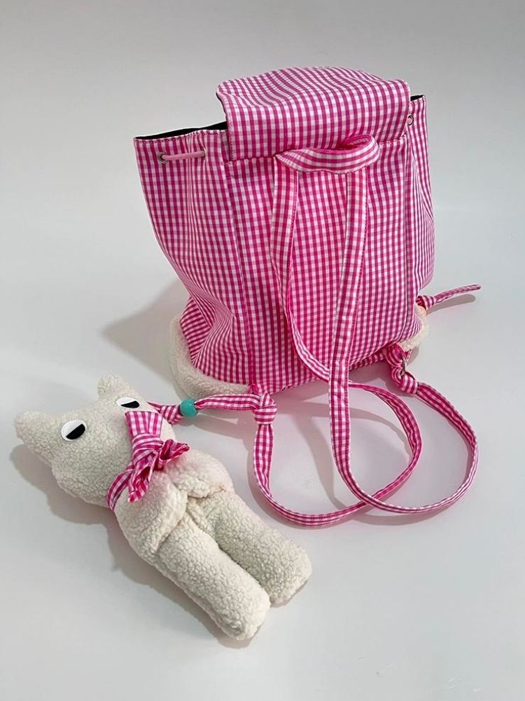 Rabbit Pink Plaid Drawstring Shoulder Bag【s0000005206】