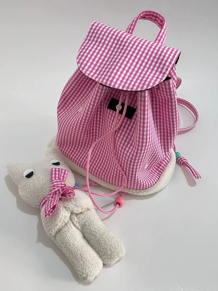 Rabbit Pink Plaid Drawstring Shoulder Bag【s0000005206】