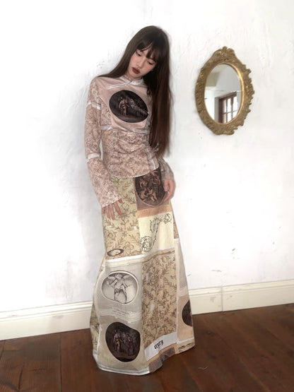 Classical Oil Painting Angel Print Long Half Skirt【s0000005062】