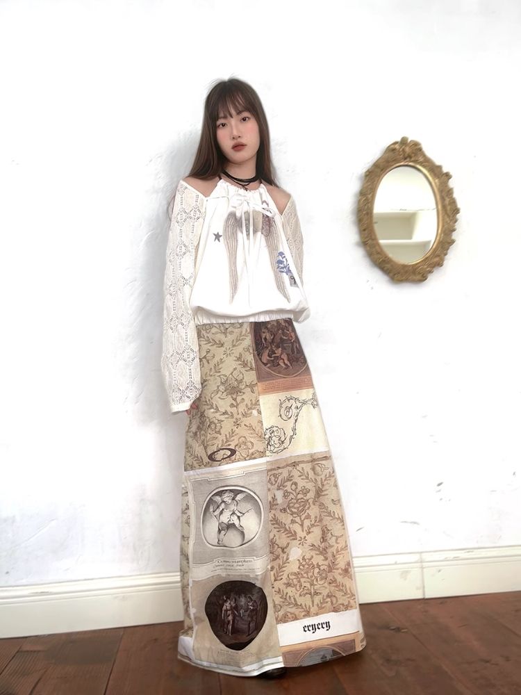 Classical Oil Painting Angel Print Long Half Skirt【s0000005062】