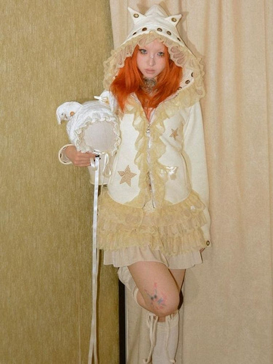 Metal Ring Star Lace Design Hooded Top [s0000004847]